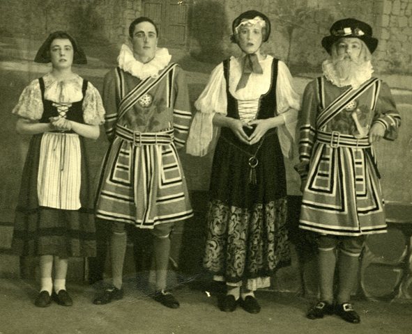 James Sutcliffe as 'Kate' in the Glee Club Production of Yeoman of the Guard, 1942. <br /> (Others - David Drury as 'Fairfax'; Don Macnillan as 'Dame Carruthers' and John Salmon as 'Sgt Meryll'.)